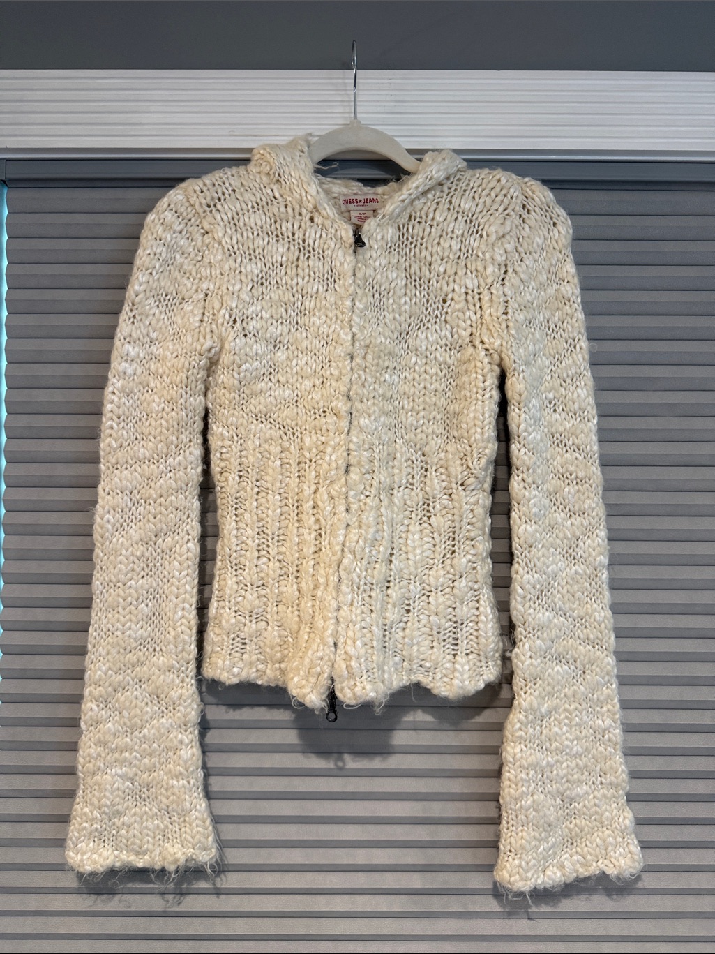 Guess Jeans Cream Chunky Knit Zip-Up Hooded Sweater - Size S